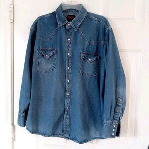 Vintage Plains Western Wear Pearl Snaps Shirt Men's XL Blue Denim Long Sleeve